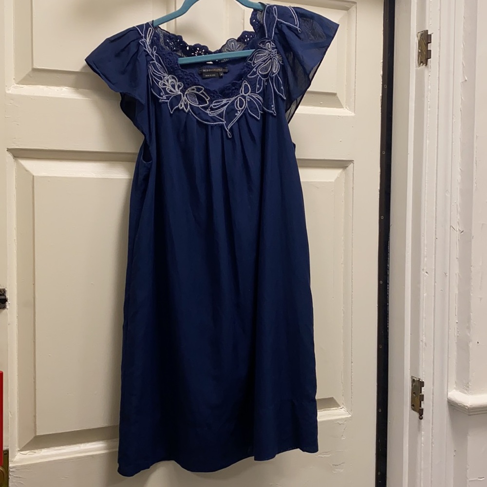 BCBG Blue cap sleeve dress, embroidering at neckline, mid-thigh length, size 6